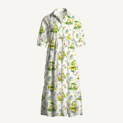 V Neck Collared Pond Frog Garden Print Casual Midi Dress With Pockets