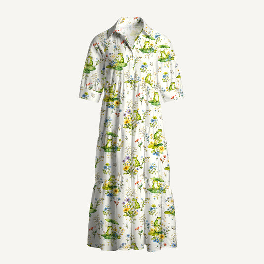 V Neck Collared Pond Frog Garden Print Casual Midi Dress With Pockets