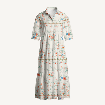 V Neck Collared Wild Bloom Casual Floral Midi Dress With Pockets