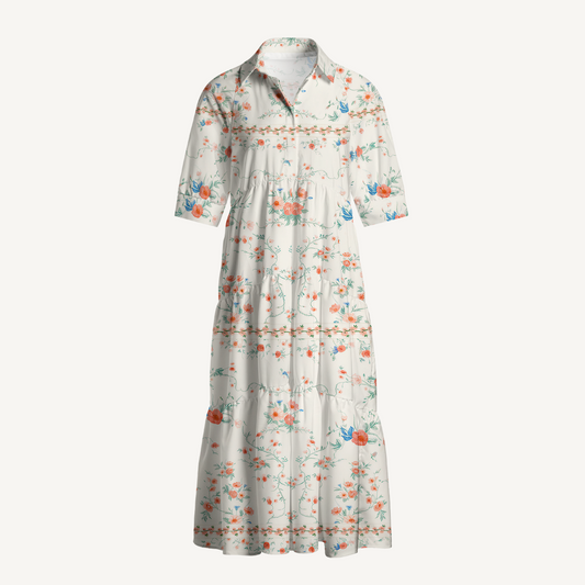 V Neck Collared Wild Bloom Casual Floral Midi Dress With Pockets