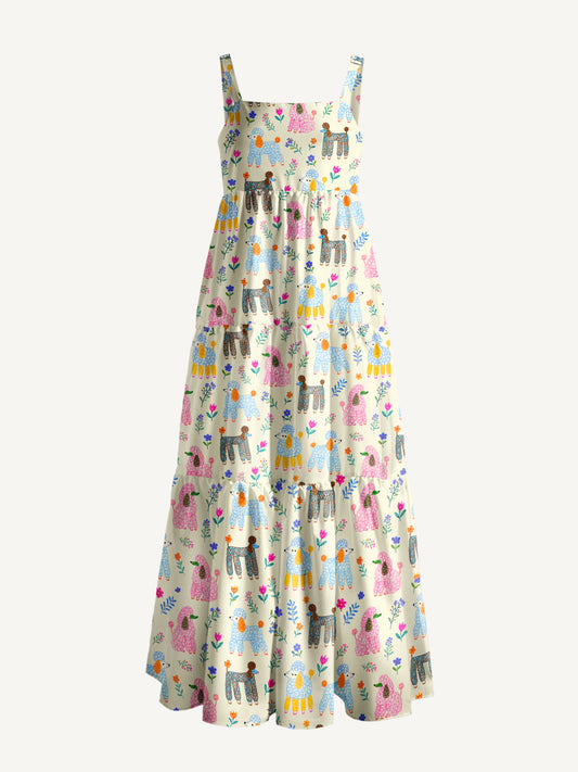 Whimsical Garden Poodles Pattern Print Wide Straps Maxi Dress With Pockets