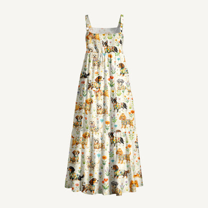Cute Dog Garden Print Wide Straps Maxi Dress With Pockets