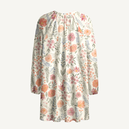 The Wild Flowers Print Boho Tie‑Neck Smock Mini Dress