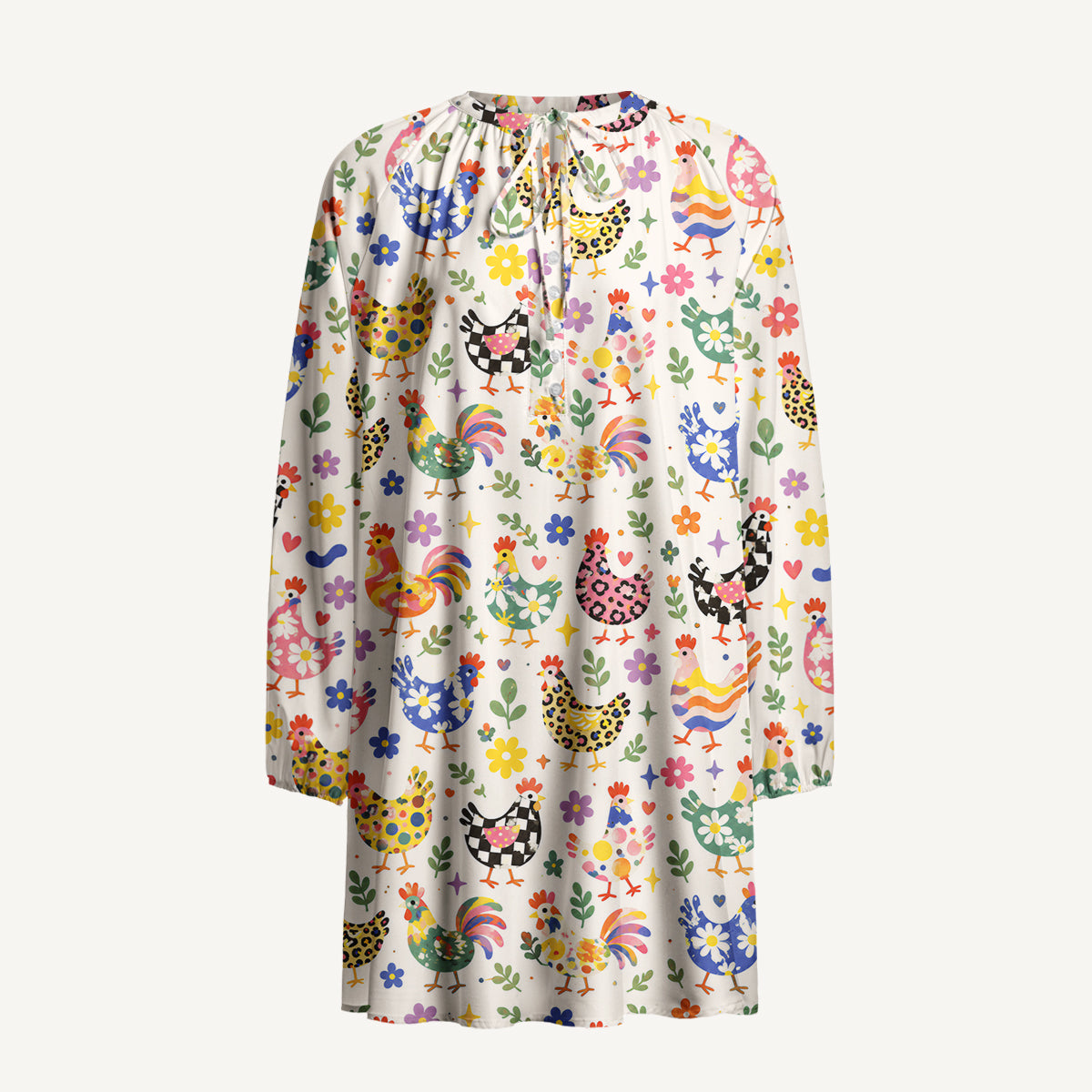 Funky Retro Chicken Print Boho Tie‑Neck Smock Mini Dress