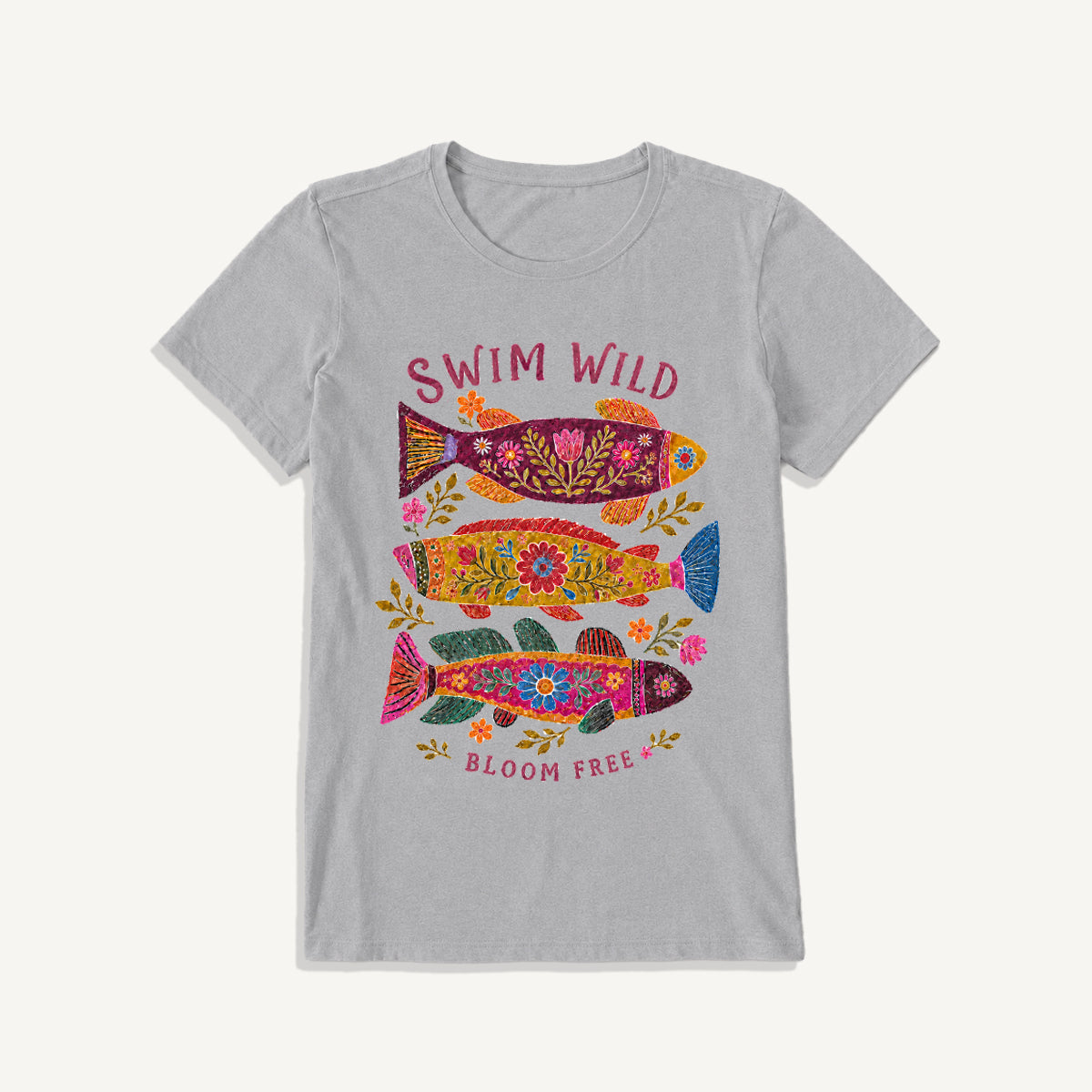 Folk Floral Fish Print Crew Neck Cotton Tee