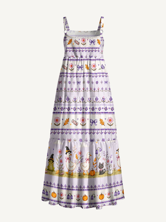 Witchy Goose Garden Print Wide Straps Maxi Dress With Pockets