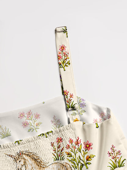Enchanted Unicorn Garden Print Wide Straps Maxi Dress With Pockets