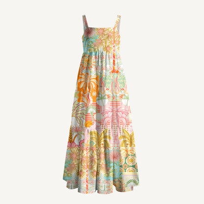 Bohemian Tropical Paradise Print Wide Straps Maxi Dress With Pockets