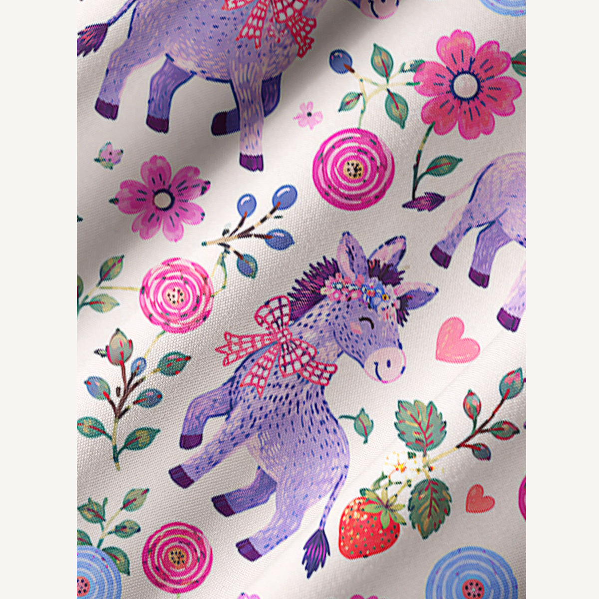 Strawberry Blossom Donkeys Print Boho Tie‑Neck Smock Mini Dress