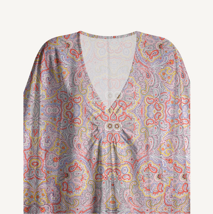 V‑Neck Sunrise Paisley Kimono Sleeve Kaftan Dress