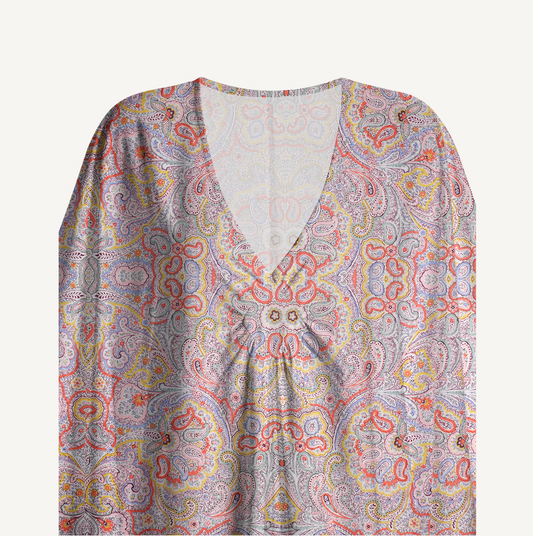 V‑Neck Sunrise Paisley Kimono Sleeve Kaftan Dress