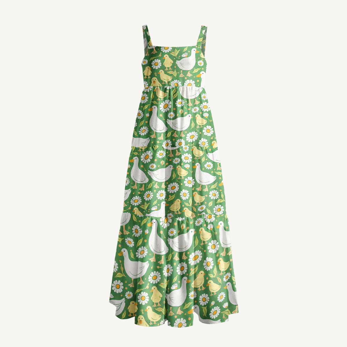 Cottage Farm Ducks Print Wide Straps Maxi Dress With Pockets