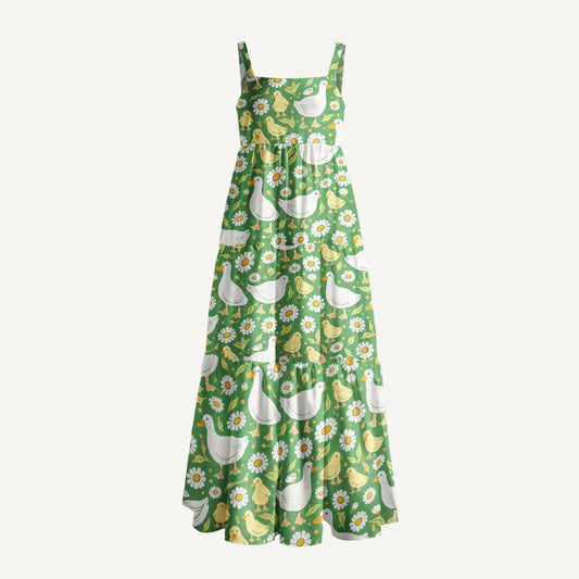 Cottage Farm Ducks Print Wide Straps Maxi Dress With Pockets