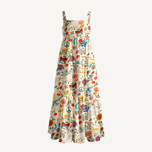 Boho Rainbow Folk Art Print Wide Straps Maxi Dress With Pockets