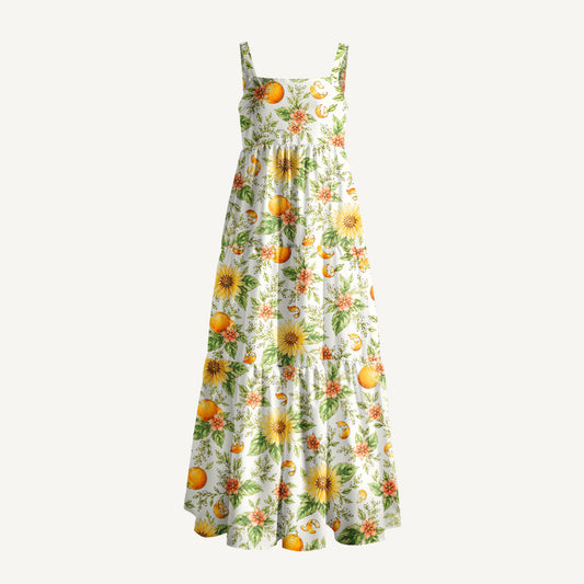 Vintage Orange Floral Pattern Print Wide Straps Maxi Dress With Pockets
