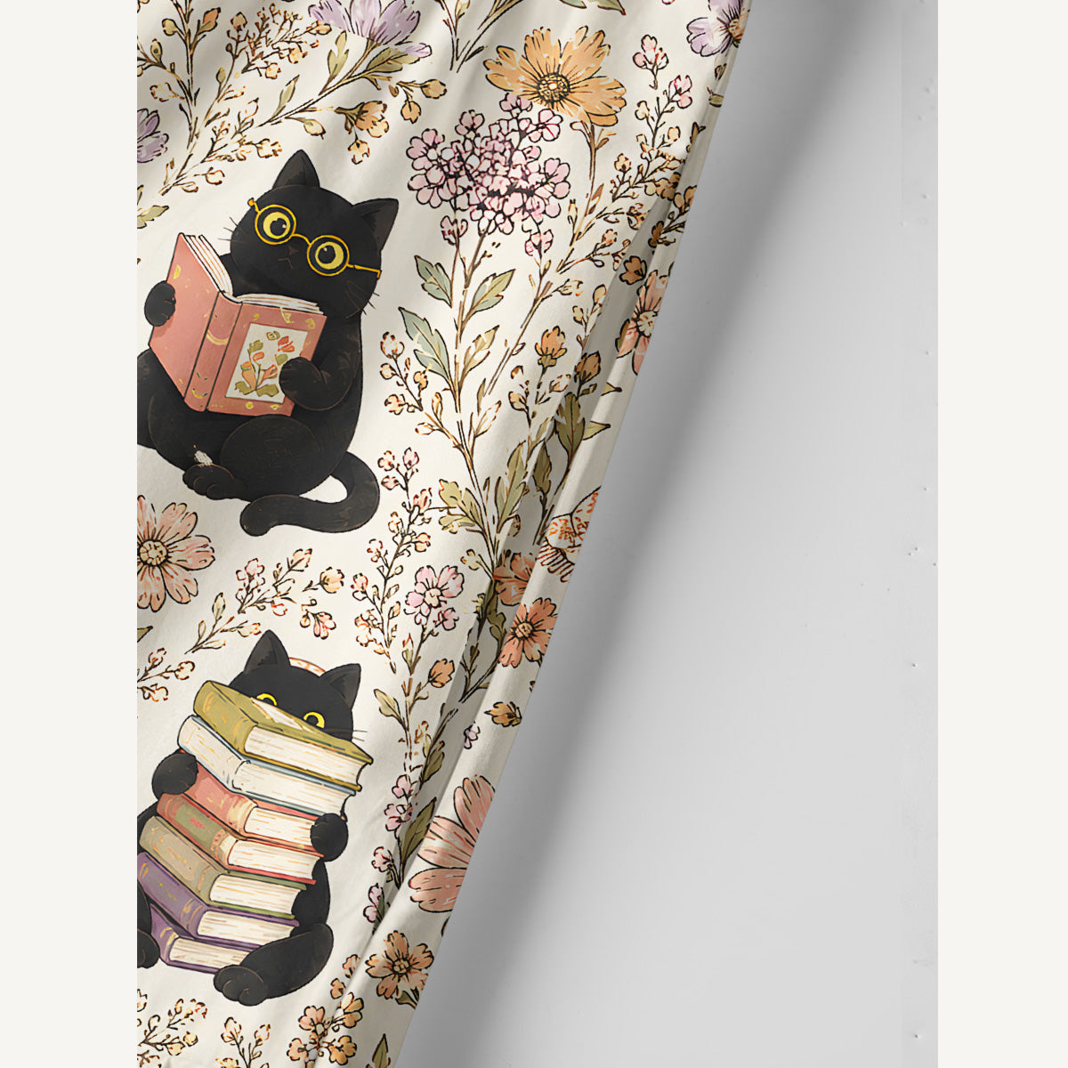Books Blooms and Black Cats Print Cotton Wide Straps Maxi Dress With Pockets