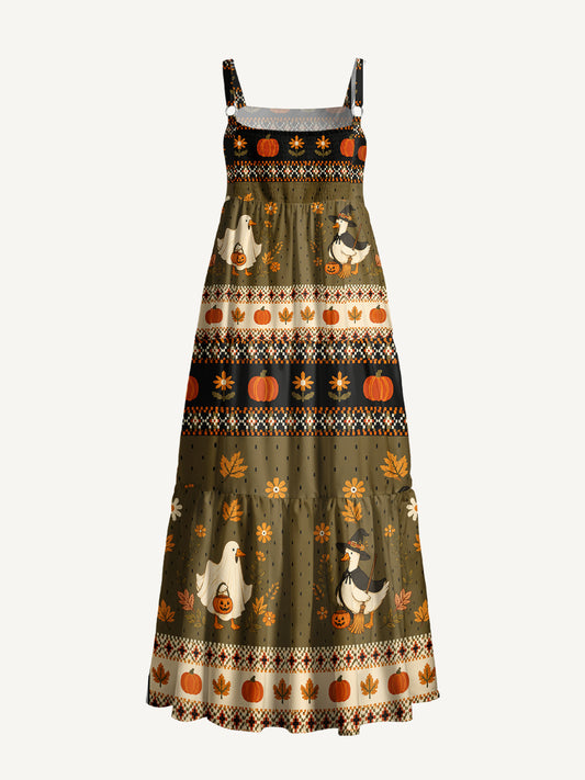 Witchy Goose Halloween Print Wide Straps Maxi Dress With Pockets