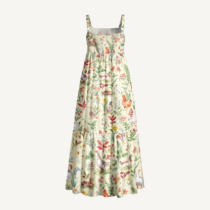 Countryside Garden Critter Print Wide Straps Maxi Dress With Pockets