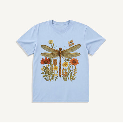 Vintage Dragonfly Blooms Print Crew Neck Cotton Tee
