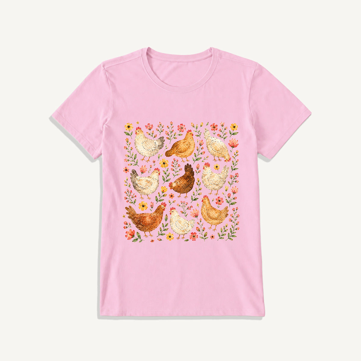 Country Chicken Wildflower Garden Print Crew Neck Cotton Tee