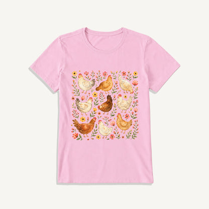 Country Chicken Wildflower Garden Print Crew Neck Cotton Tee