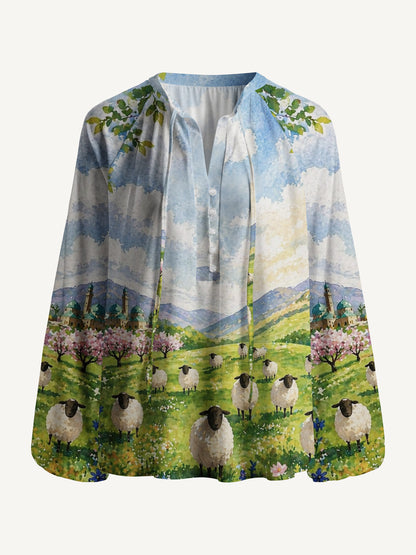 Spring Meadow Sheep and Blossoms Landscape Print Boho Long Sleeve Tie‑Neck Blouse
