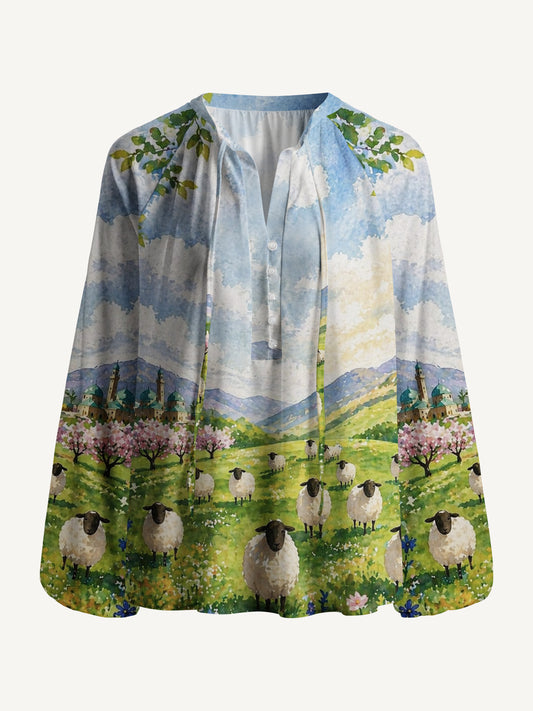 Spring Meadow Sheep and Blossoms Landscape Print Boho Long Sleeve Tie‑Neck Blouse