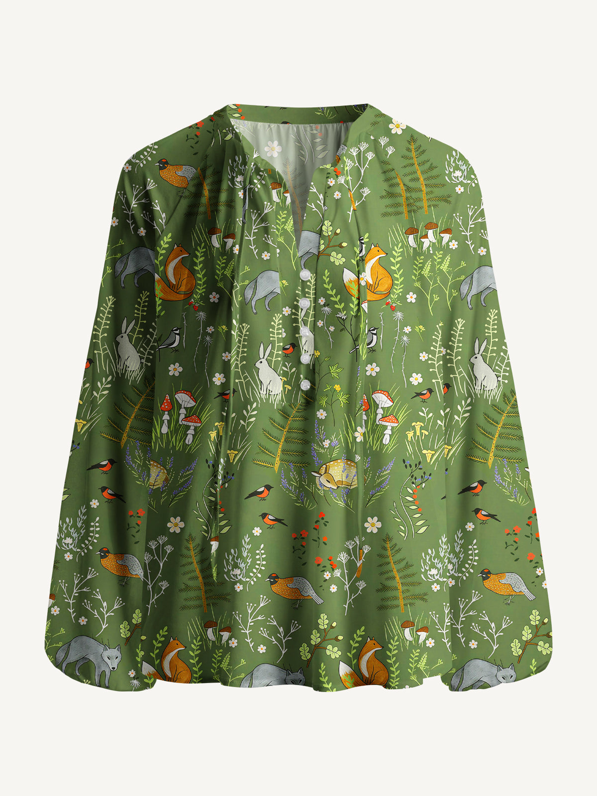 Whimsical Woodland Animals Print Boho Long Sleeve Tie‑Neck Blouse