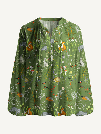 Whimsical Woodland Animals Print Boho Long Sleeve Tie‑Neck Blouse