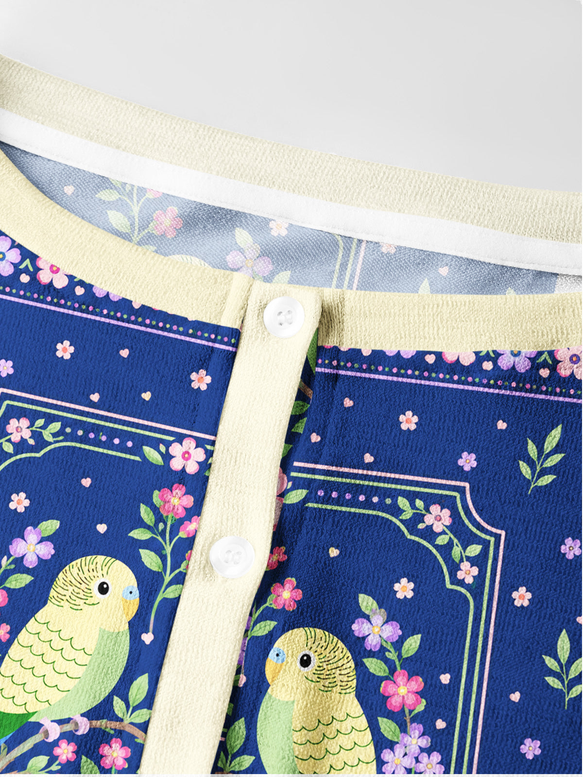 Lightweight Crew Neck Long‑Sleeve Cropped Midnight Garden Lovebirds Print Fine‑Knit Cardigan