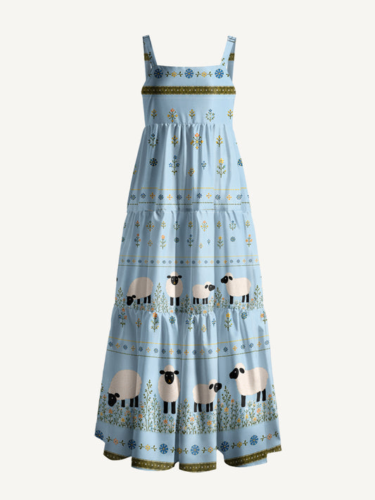 Blue Meadow Sheep Print Wide Straps Maxi Dress With Pockets