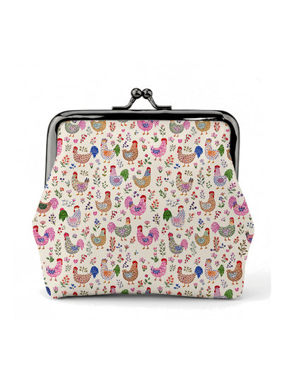 Colorful Farm Chickens Print Leather Mini Clasp Purse