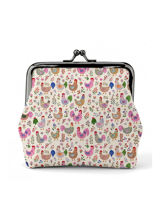 Colorful Farm Chickens Print Leather Mini Clasp Purse