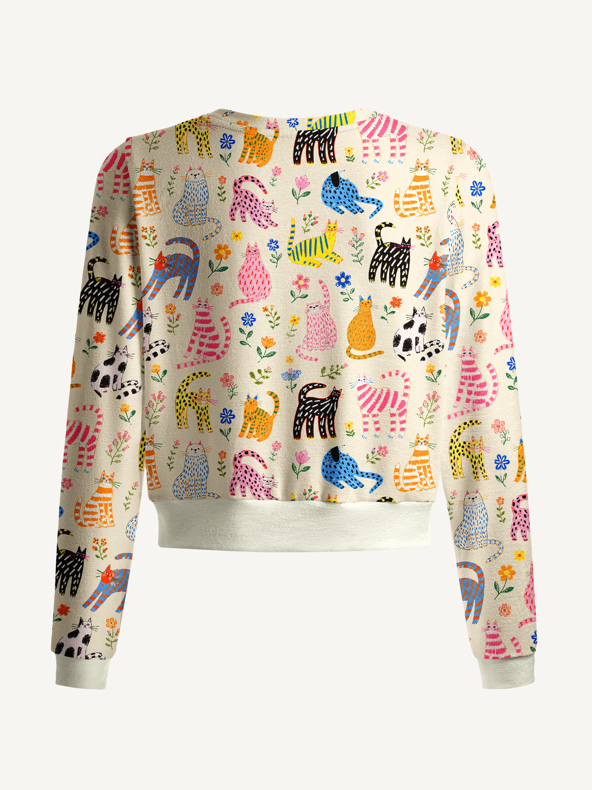 Lightweight Crew Neck Long‑Sleeve Cropped Colorful Whimsical Garden Cats Pattern Print Fine‑Knit Cardigan