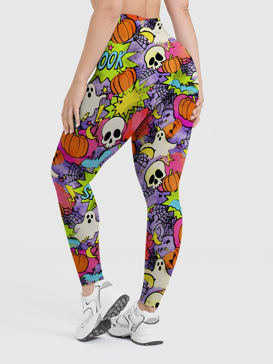 Vintage Pop Comic Halloween Ghost Pumpkin SPOOK Word Leggings