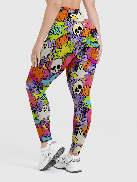 Vintage Pop Comic Halloween Ghost Pumpkin SPOOK Word Leggings