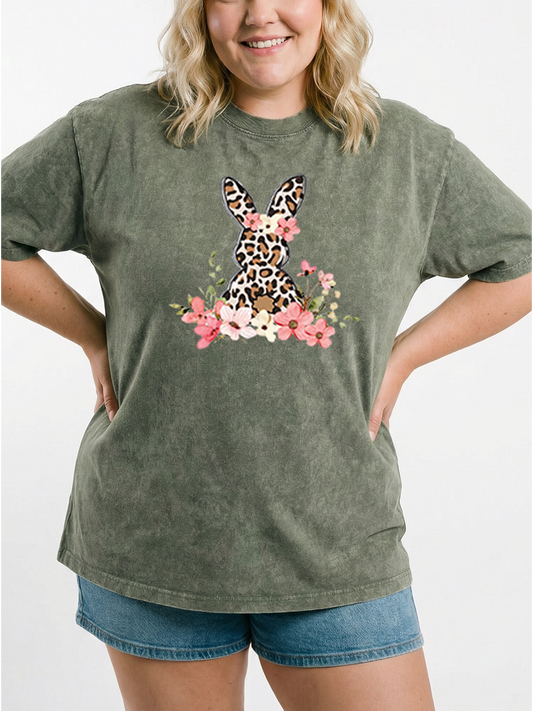 Vintage Floral Leopard Bunny Washed T-Shirt