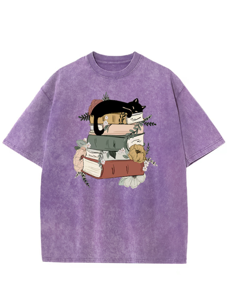 Vintage Cat Book Washed T-Shirt
