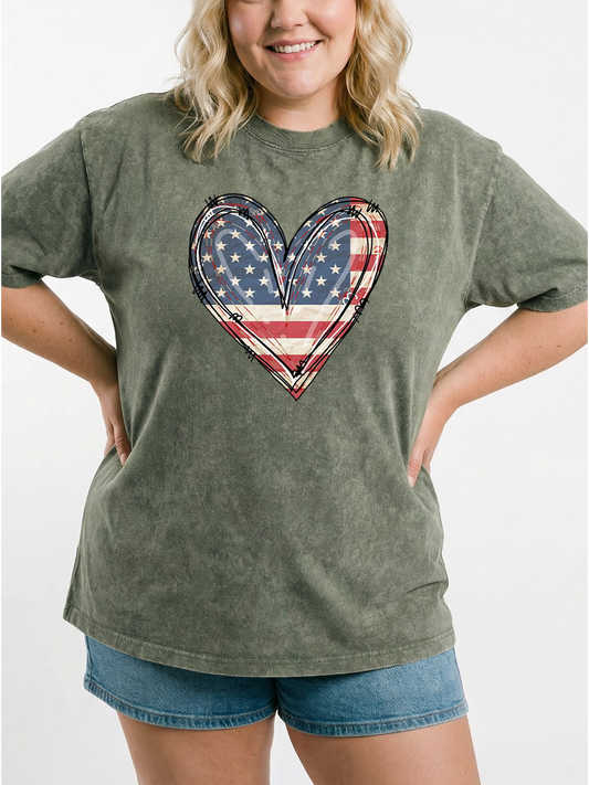 Vintage 4Th Of July American Flag Heart Washed T-Shirt