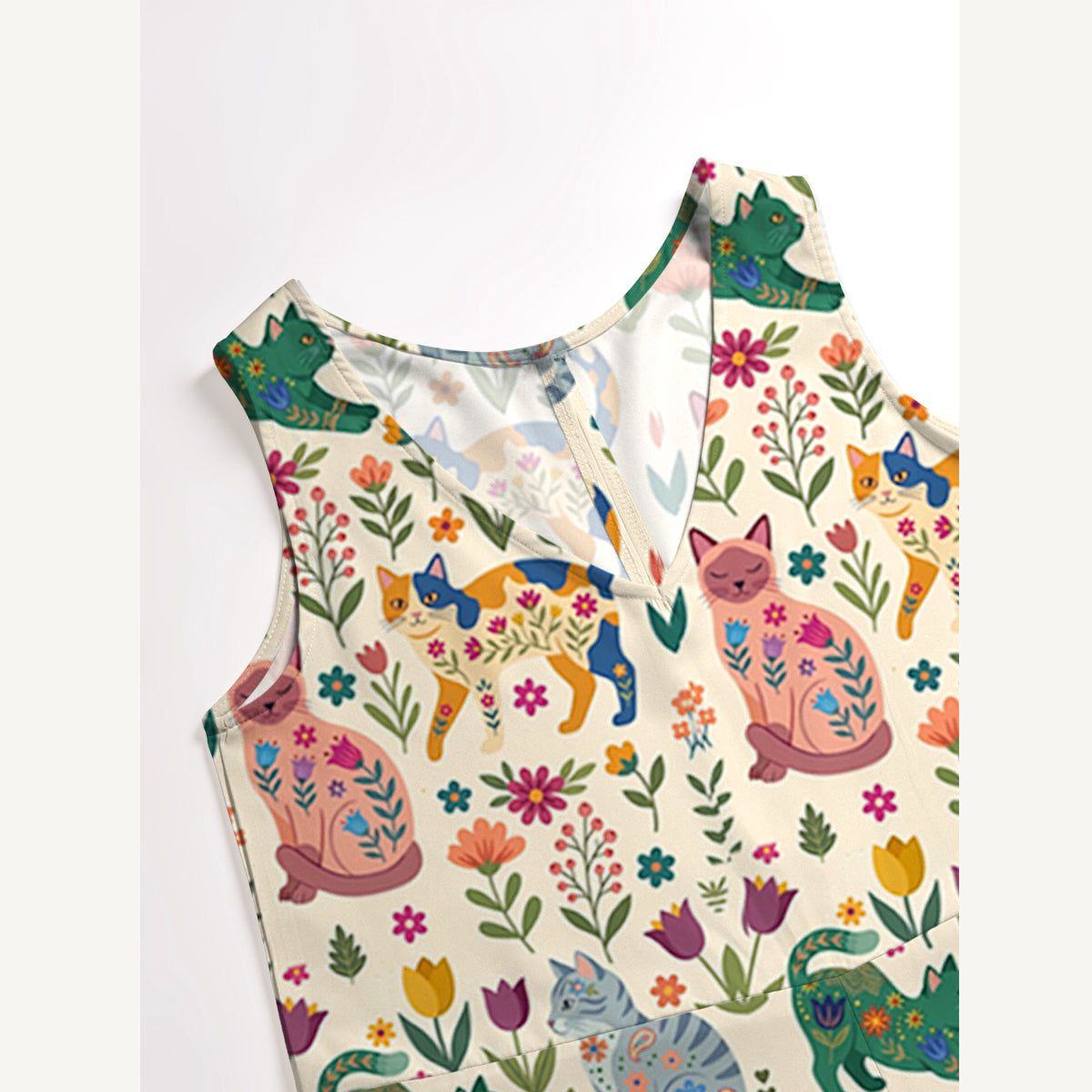 Cute Flower Cat Print Boho Jumpsuit with Pockets for Women