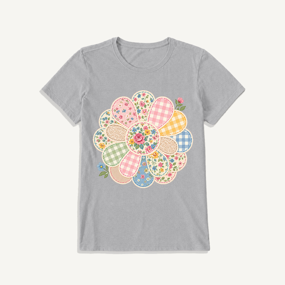 Cottage Patchwork Bloom Print Crew Neck Cotton Tee