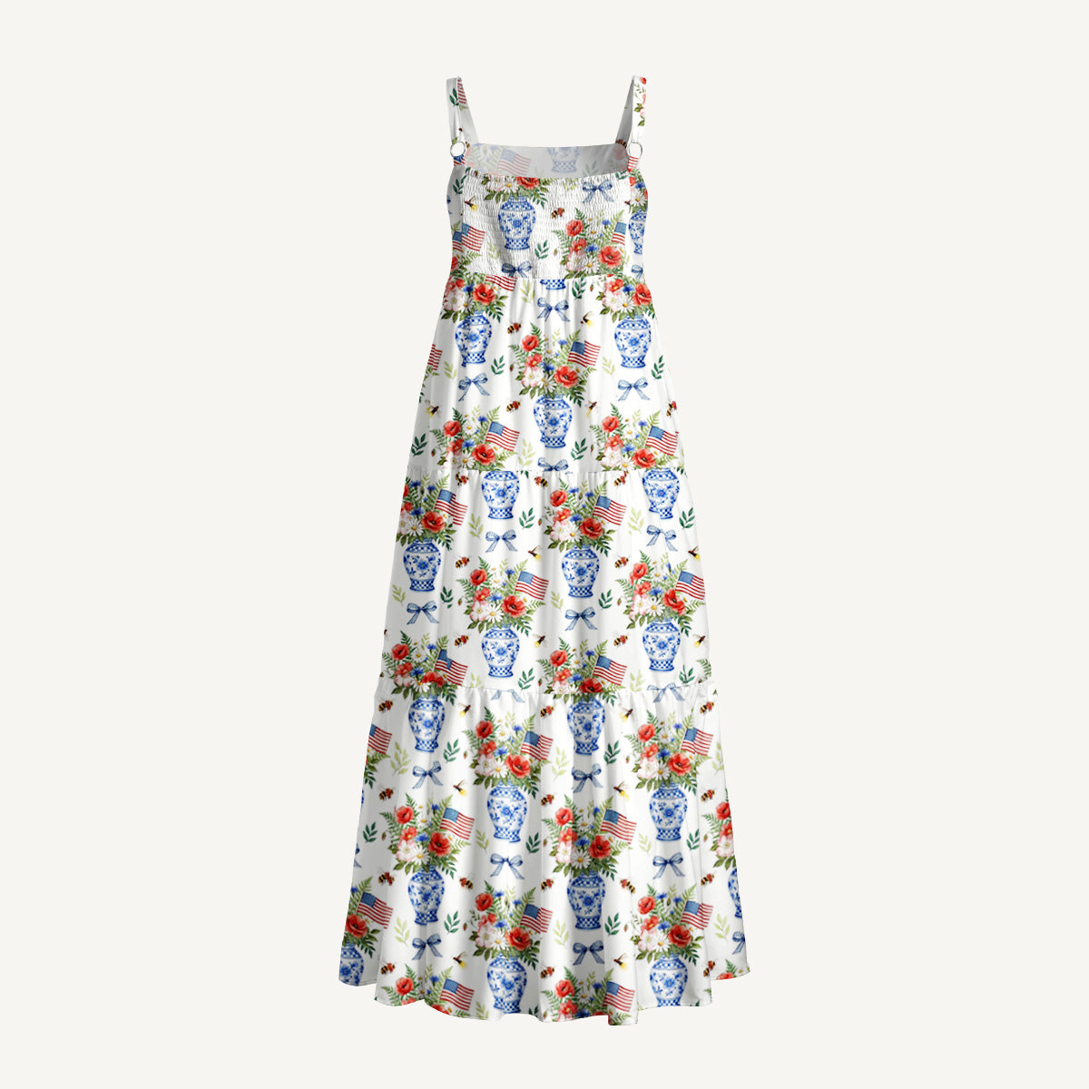 Patriotic Floral Vases Print Wide Straps Maxi Dress With Pockets