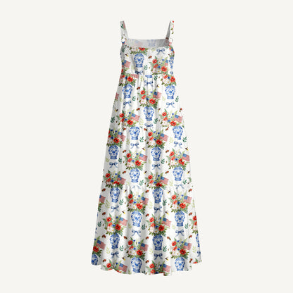 Patriotic Floral Vases Print Wide Straps Maxi Dress With Pockets