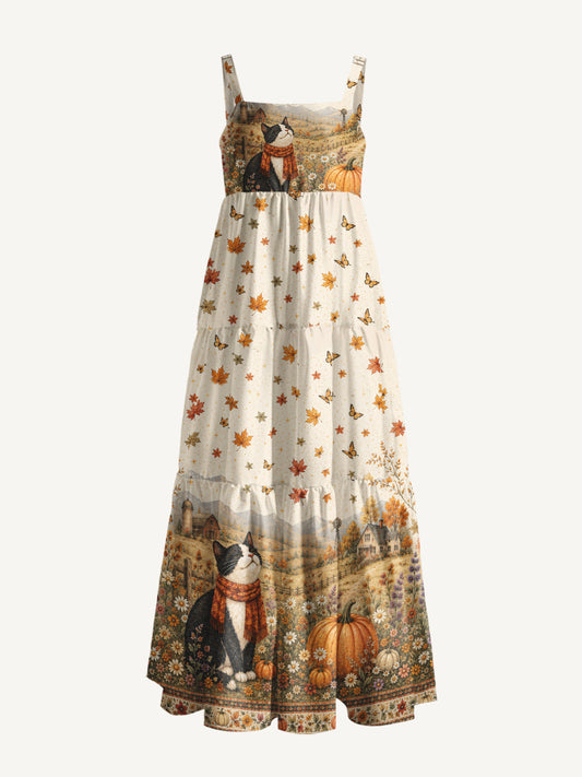 Autumn Pumpkin Field Black Cat Print Wide Straps Maxi Dress With Pockets