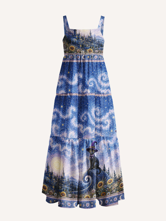 Starry Night Magic Garden Black Cat Print Wide Straps Maxi Dress With Pockets