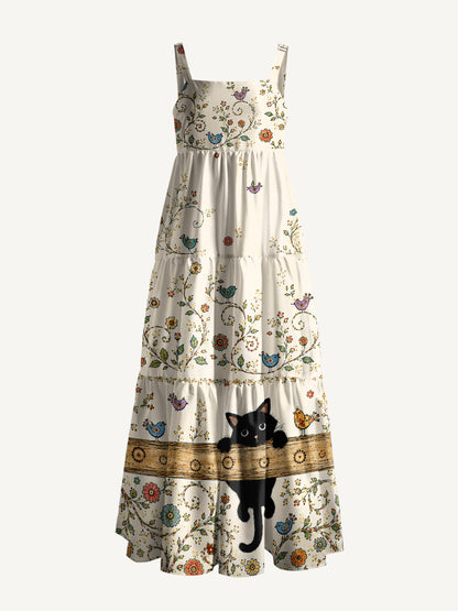 Whimsical Cat Garden Print Wide Straps Maxi Dress With Pockets