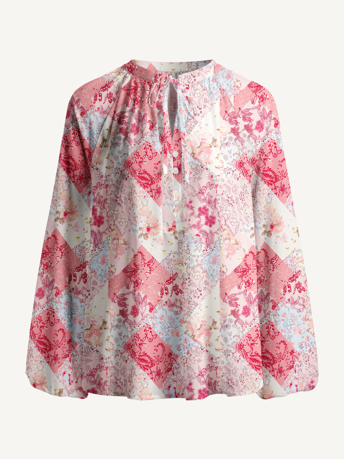 Shabby Chic Floral Patchwork Print Boho Long Sleeve Tie‑Neck Blouse