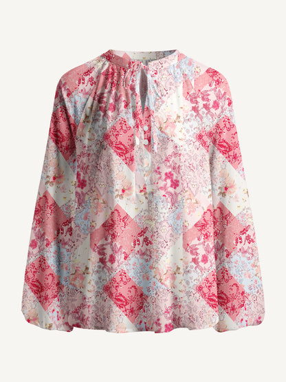 Shabby Chic Floral Patchwork Print Boho Long Sleeve Tie‑Neck Blouse
