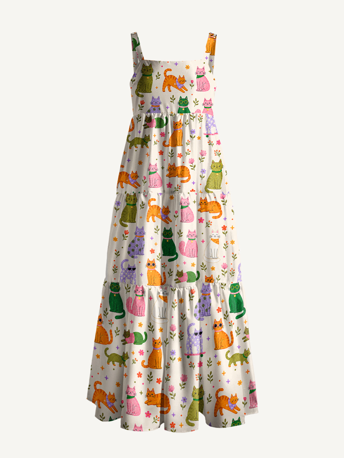 Whimsical Cat & Garden Blooms Print Wide Straps Maxi Dress With Pockets