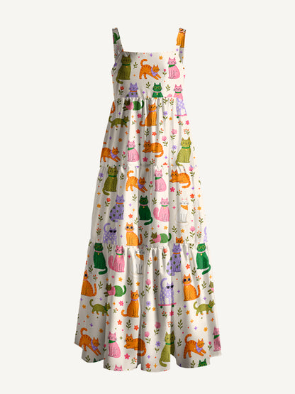 Whimsical Cat & Garden Blooms Print Wide Straps Maxi Dress With Pockets
